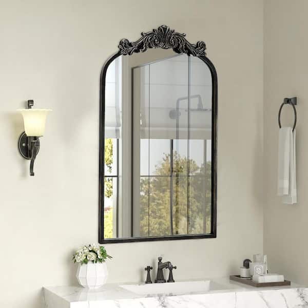 18.9 in. W x 31.1 in. H Ornate Baroque Classic Vintage Black Stainless Metal Frame Arched Wall Mirror