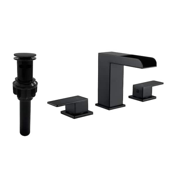 AIMADI 8 in. Widespread Double Handle Waterfall Bathroom Faucet with Pop-Up Drain 3-Hole Bathroom Sink Taps in Matte Black