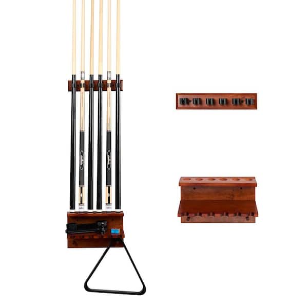 Wall Mount Pool Cue Rack, Solid Rubberwood, 6-Cue Slots, Accessory Storage, Easy Installation Hardware