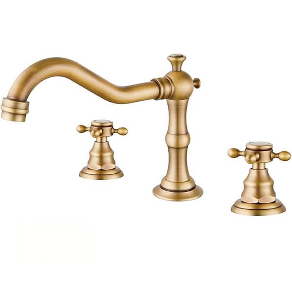 Farmhouse 8 in. Widespread Double Handle Bathroom Faucet 3-Holes With Pop-Up Drain Assembly in Antique Brass