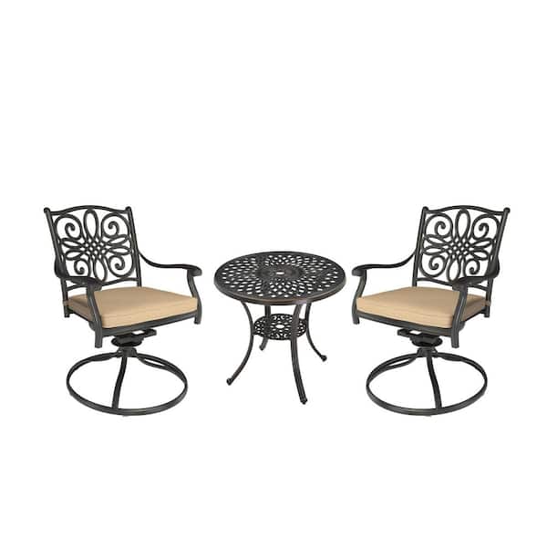 3-Piece Cast Aluminum Outdoor Bistro Set with Round Patio Table with Umbrella Hole and Swivel Chairs with Brown Cushions