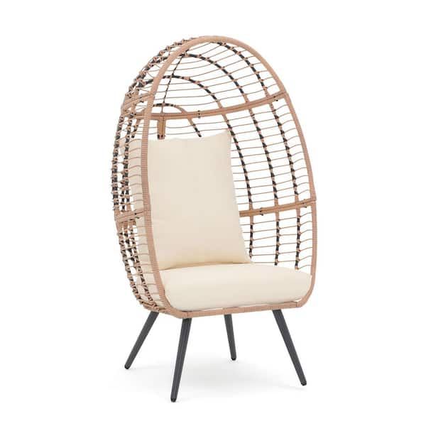 JARDINA Outdoor Patio Wicker Beige Egg Lounge Chair with Beige Cushions
