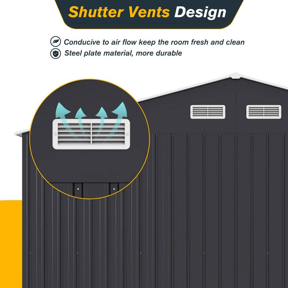 8' x 10' Black Metal Garden Storage Shed with Double Doors