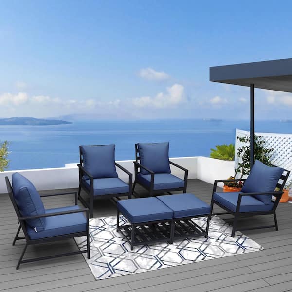 FINCATI 6 Piece Luxury Black Aluminum Patio Deep Seating Coversation Sofa Set with Blue Cushions