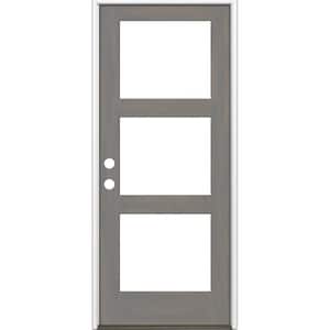 32 in. x 96 in. Modern Hemlock Left-Hand/Inswing 3-Lite Clear Glass Grey Stain Wood Prehung Front Door