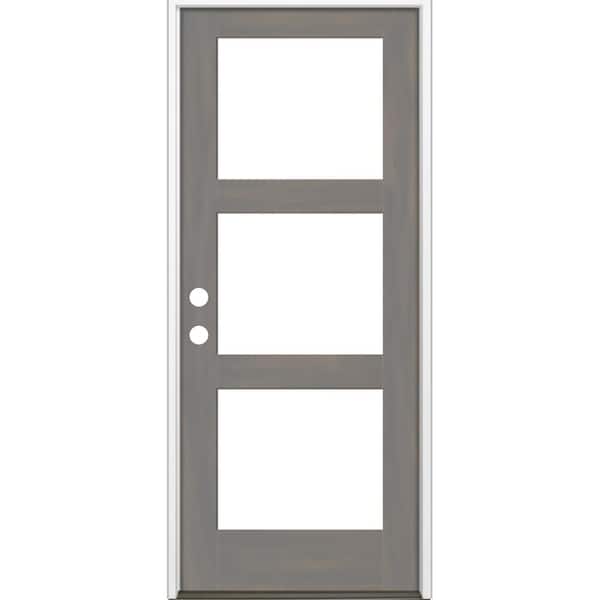 Krosswood Doors 32 in. x 96 in. Modern Hemlock Left-Hand/Inswing 3-Lite Clear Glass Grey Stain Wood Prehung Front Door