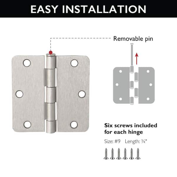 4 in. x 1/4 in. Radius Satin Nickel Door Hinge Value Pack (10 per Pack) 4 in. x 1/4 in. Radius Satin Nickel Door Hinge Value Pack (10 per Pack)