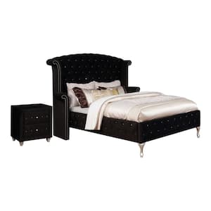 Nealyn 2-Piece Black Wood Queen Bedroom Set, Upholstered Bed and Nightstand