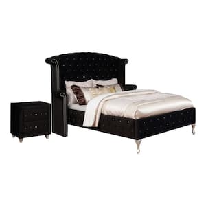 Nealyn 2-Piece Glam Black Upholstered Wood Queen Bedroom Set with Nightstand