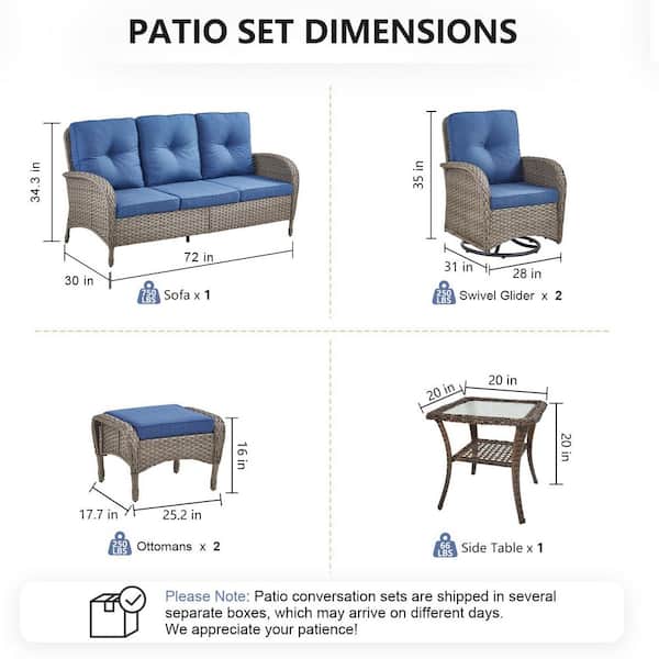 SleekArm 6-Piece Gray Wicker Patio Conversation Set with Olefin Blue Cushion and Outdoor Swivel Glider Chairs