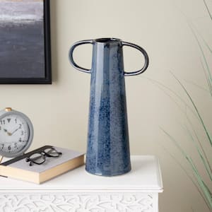 Dark Blue Textured Cone Ceramic Decorative Vase with Curved Handles
