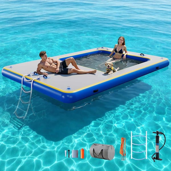 Inflatable Floating Dock 12ft. x 8ft. with Mesh Area, Non-Slip PVC Surface, Gray and Blue, 7-9 People Use