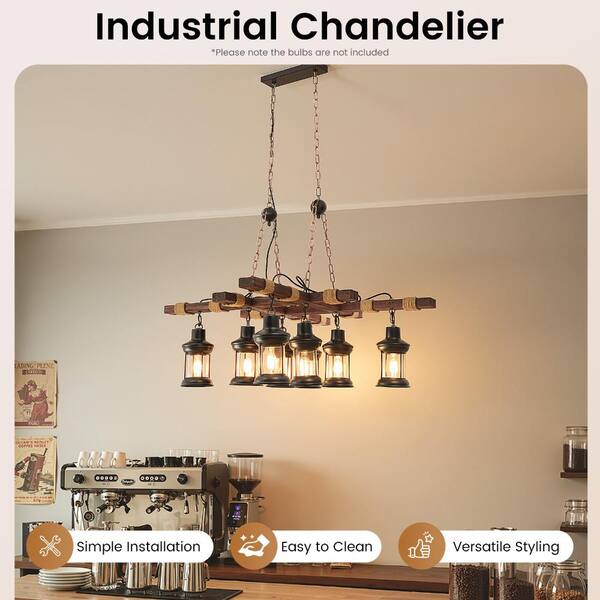 OUKANING 39 in. 8-Light Vintage Industrial Brown Wooden Farmhouse