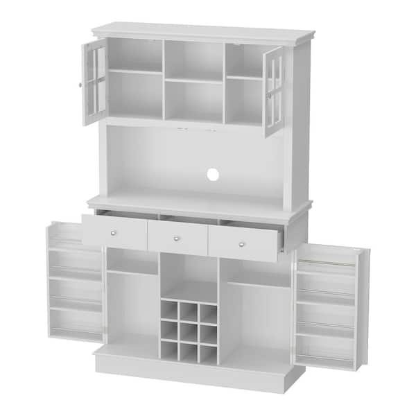 FUFU&GAGA White Wooden 44.1 in. W Food Pantry Cabinet With Drawers & Hidden Door Storage, Adjustable Shelves, Doors, Wine Storage