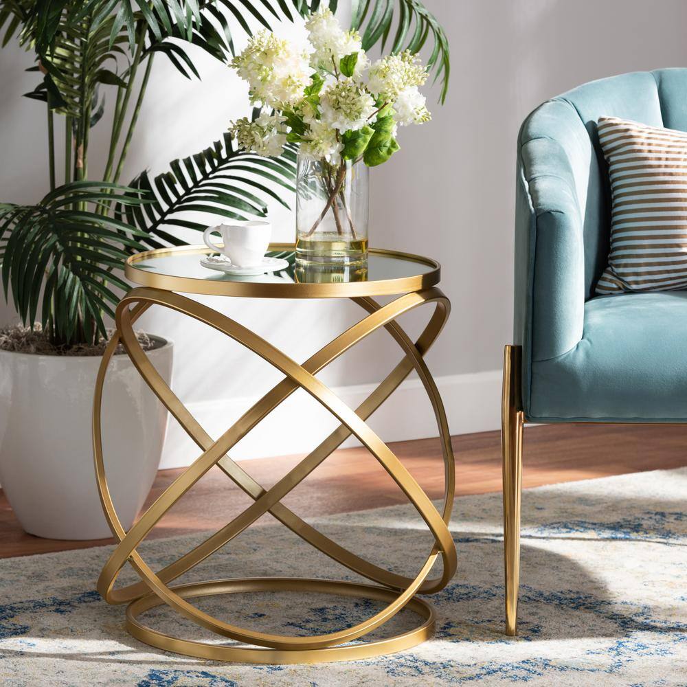 Gold Finished Metal and Mirrored Glass Round End Table