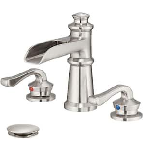 8 in. Widespread Double-Handle Waterfall Bathroom Faucet with Pop-Up Drain Low-Arc in Brushed Nickel (Valve Included)