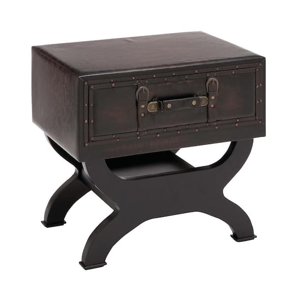 Litton Lane 16 in. Brown Vintage Faux Leather Single Drawer Large Square Wood End Table with Curved Style Leg Stand