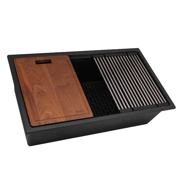 epiRock 33 in. Undermount SIngle Bowl Workstation Kitchen Sink in Charcoal Black Granite Composite