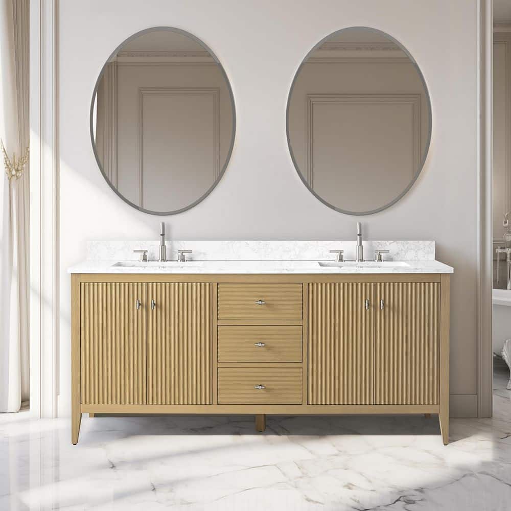 72" Natural Oak Double Sink Vanity with Marble Top