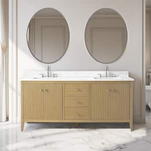 72 in. W x 22 in D x 38 in. H Double Sink Linear Natural Oak Bath Vanity Cabinet with White Engineered Marble Top
