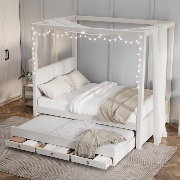 Blake Modern Beige Upholstery Wood Frame Full Size Canopy Bed with Trundle and Storage Drawers
