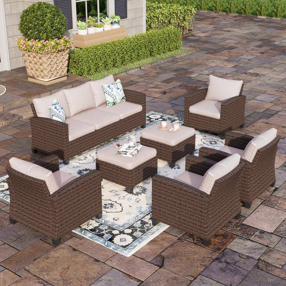 Reviews for PHI VILLA Brown Rattan Wicker 9 Seat 7-Piece Steel Outdoor ...