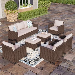 Brown Rattan Wicker 9 Seat 7-Piece Steel Outdoor Patio Conversation Set with Beige Cushions and 2 Ottomans