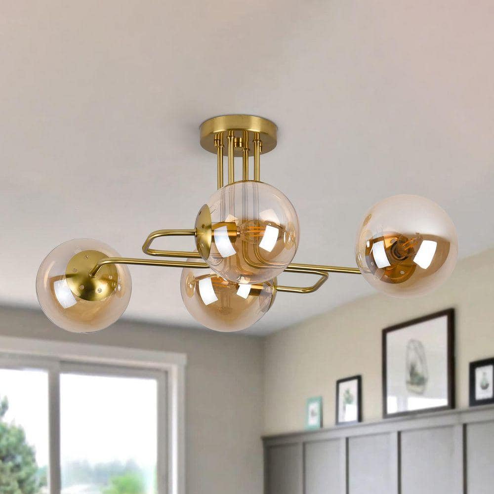 PAKOKULA 26.8 in. 4-Light Gold Sputnik Modern Linear Bubble Semi