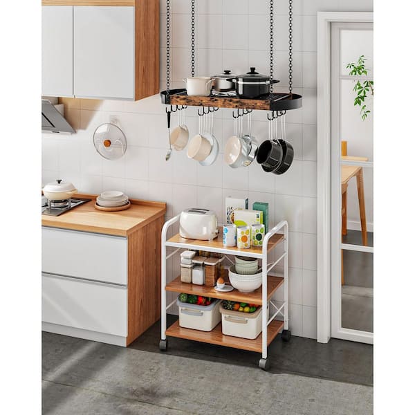 Rustic Brown and Black 31.7 in. Ceiling Rack Pot Rack with 16 S Hooks, Industrial Style Hanging Metal Frame for Kitchen