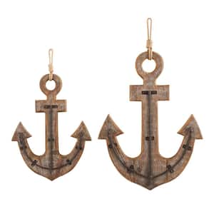 Brown Wood Whitewashed 4-Hanger Anchor Hook Wall Art with Hanging Rope and Bronze Metal Accents Set of 2