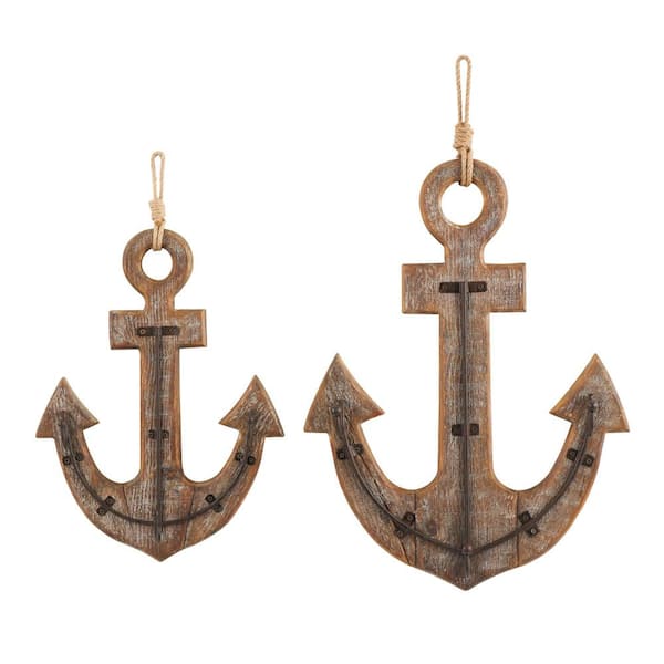 Litton Lane Brown Wood Whitewashed 4-Hanger Anchor Hook Wall Art with Hanging Rope and Bronze Metal Accents Set of 2