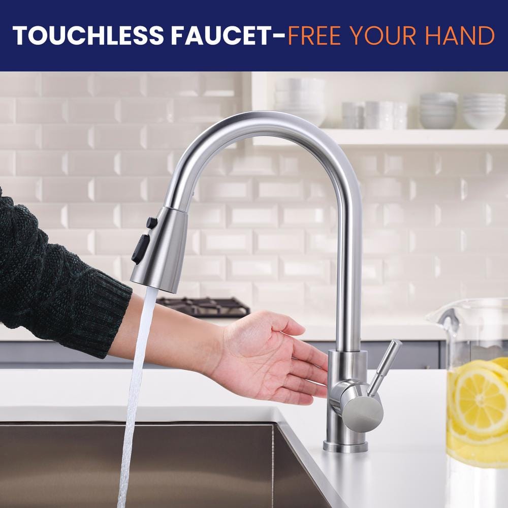 Brushed Nickel Touchless Pull-Down Kitchen Faucet with Spray
