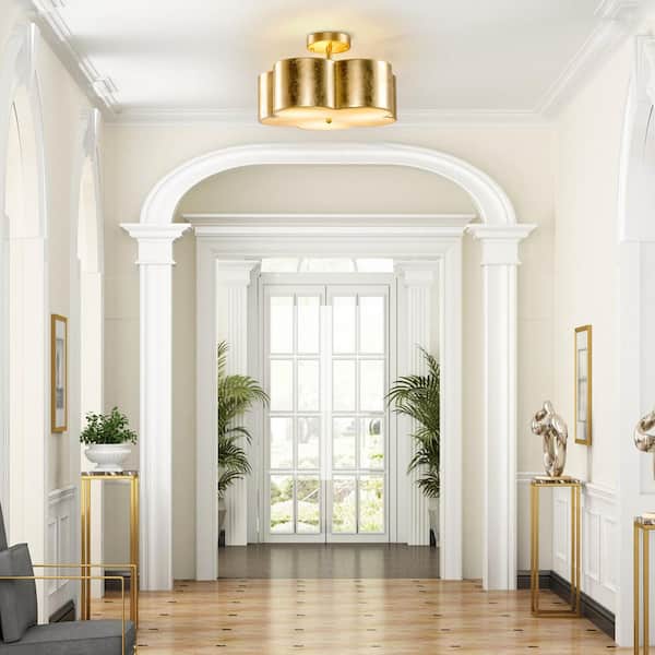 15.35 in. 3-Light Gold Metal Flower Semi Flush Mount Ceiling Light Fixture