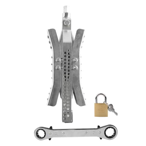 Heavy-Duty Locking Wheel Stop-Extends 3-10 in., Includes 2 Wheel Chock Stabilizers, Ratchet Wrench, 2 Lock and 4 Keys