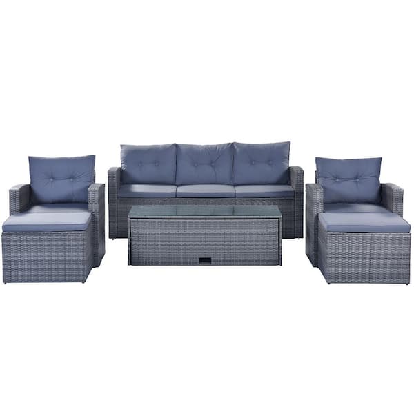 Dark grey Wicker Outdoor Chaise Lounge with coffee table, wicker sofas, ottomans, removable Cushions