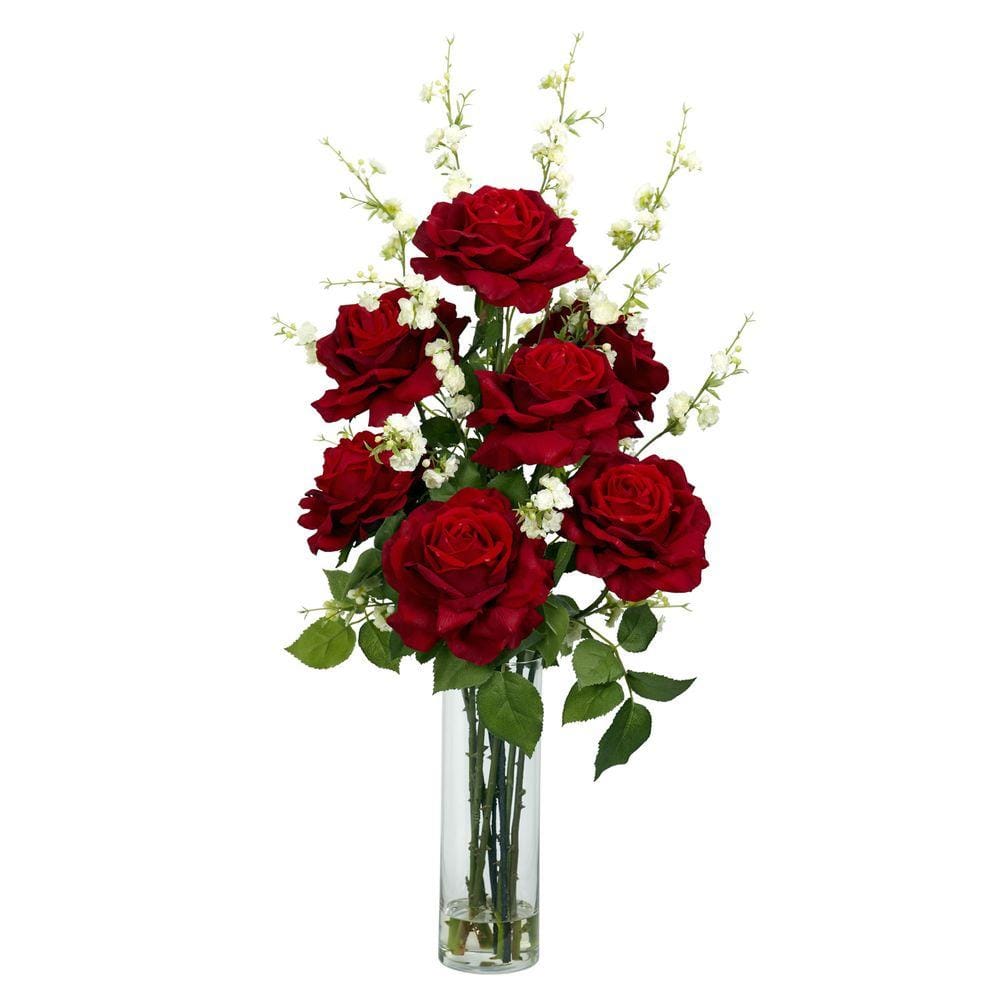 Nearly Natural 29 In H Red Roses With Cherry Blossoms Silk Flower Arrangement 1203 The Home Depot