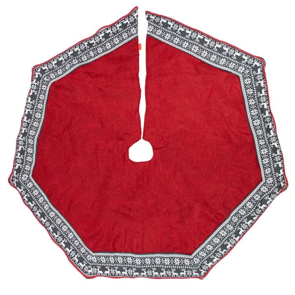 50" Red Heptagon with Gray and White Snowflakes & Reindeer Knit Border Christmas Tree Skirt