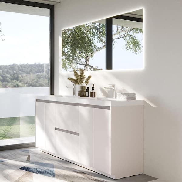 MT 70.9 in. W x 19.6 in. D Double Sink Freestanding Bath Vanity in White with White Resin Vanity Top
