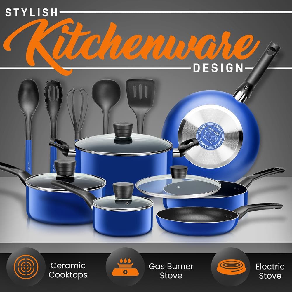 SereneLife 15-Piece Blue Aluminum Non-Stick Cookware Set