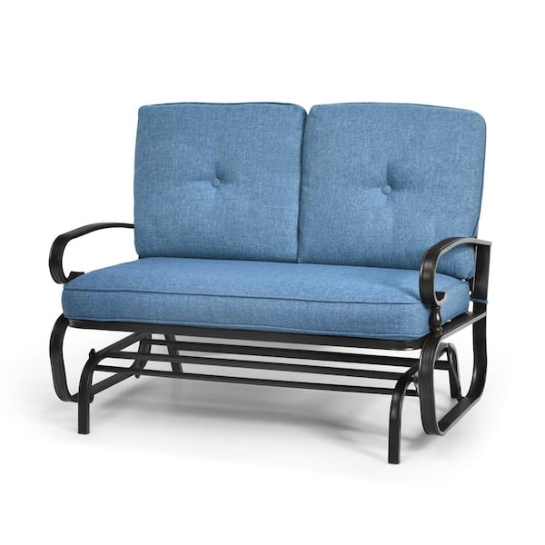 Gymax Metal Swing Glider Chair Rocking Loveseat Patio Bench for 2-Persons with Blue Cushions