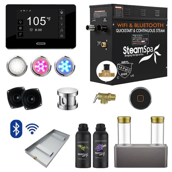 SteamSpa Black Series 7.5kW Steam Bath Generator with Continuous Steam Plus Quick Start and Aroma Scent Pump in Polished Chrome