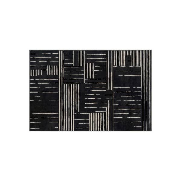 Block Stripe Black Machine Washable Non-Slip Backing Area Rug 2' x 4' Black