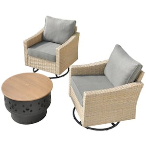 Oconee 3-Piece Wicker Patio Conversation Swivel Rocking Chair Set with a Wood-burning Fire Pit and Dark Gray Cushions