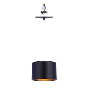 Instant Pendant Light 6 In. Matte Black Recessed Light Conversion Kit with Black and Gold Drum Shade