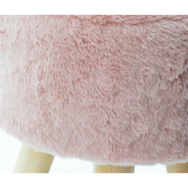 HOUCHICS Modern Fur Padded Foot Rest Ottoman with Wooden Legs Pink