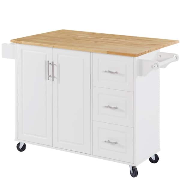 Zeus & Ruta White Wood 53.8 in. W Rolling Kitchen Island with Internal Storage Rack and 3-Drawers