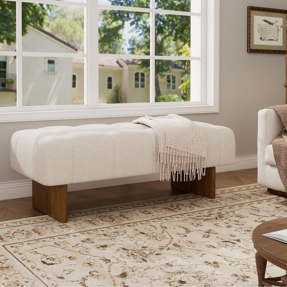 Falren Modern Beige Tufted Linen Fabric Upholstered Rectangle Accent Ottoman Bench, Solid Wood Legs price history on PriceWatchPro