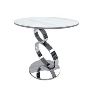 21.6 in. White and Chrome Round Stone End/Side Table with Steel Frame