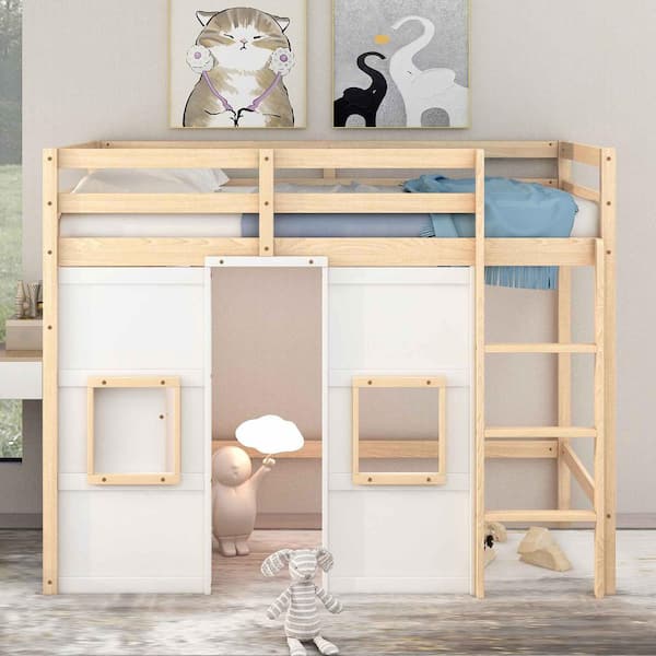Wood Twin Size Loft Bed with Built-in Storage Wardrobe and 2 Windows, Natural/White