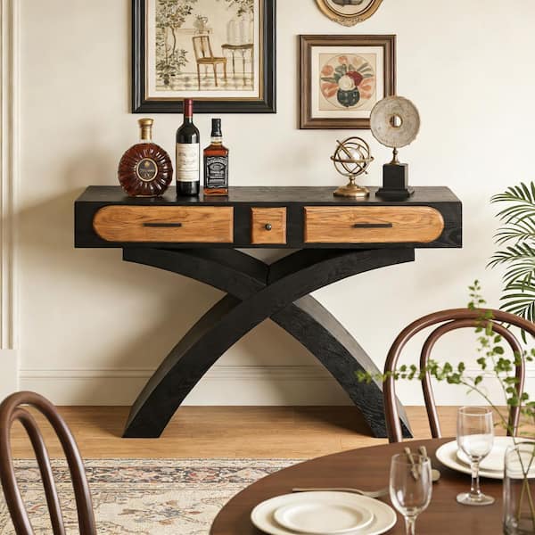 47.2 in. Beige Brown Rectangle Wood Top Console Table with Cross Leg